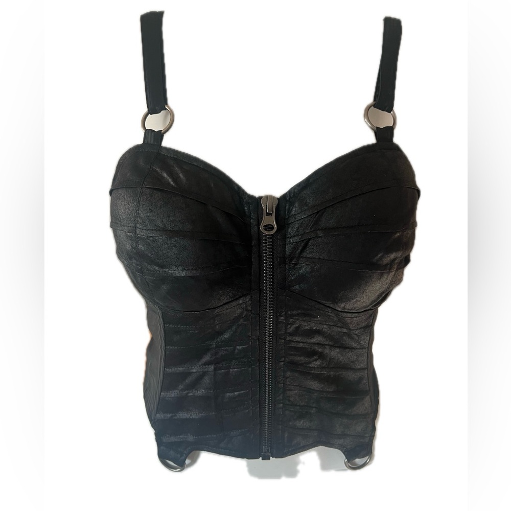 Black Tight-fitting Short Corset Top  with Lace Up Back Zip Front Faux Leather
